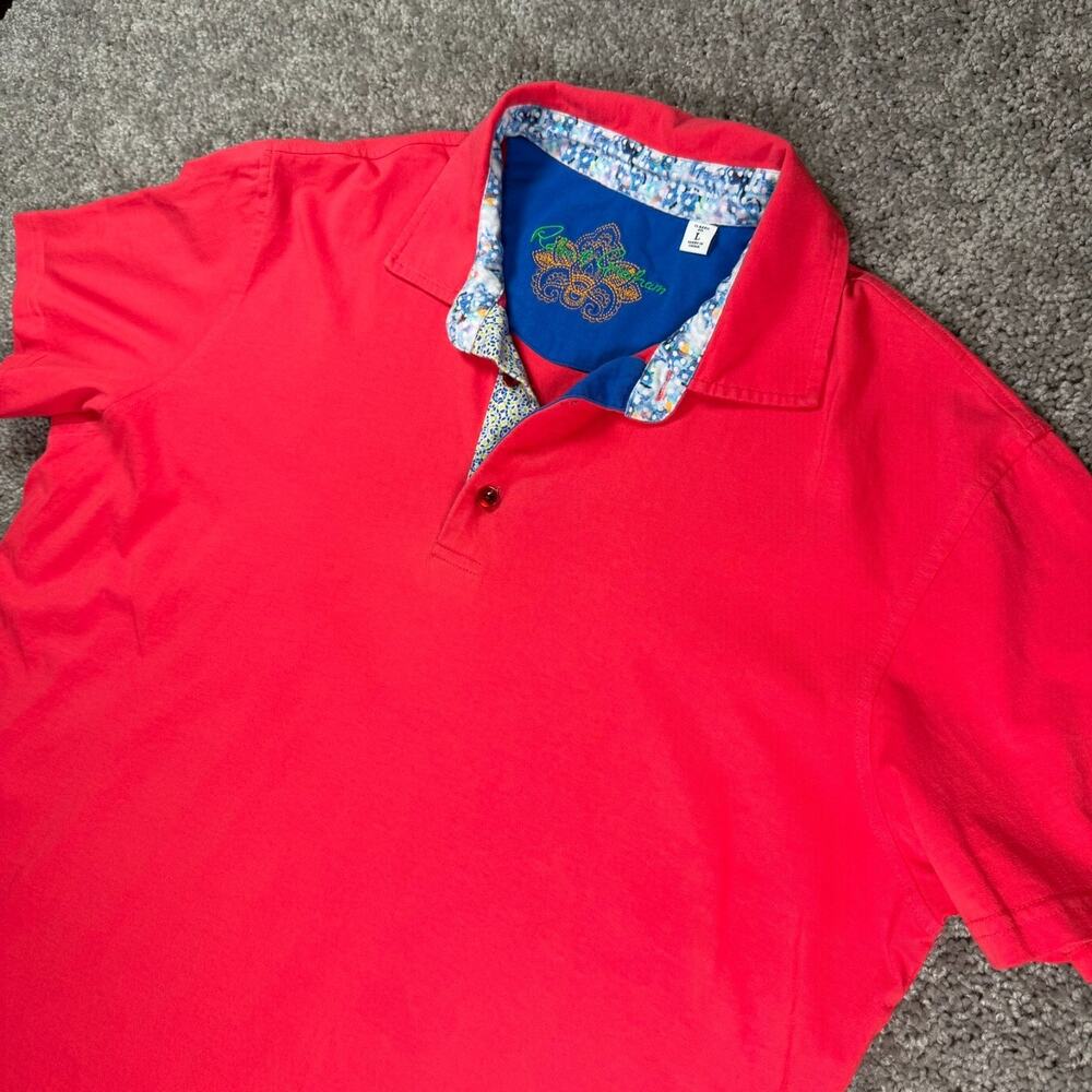 Robert Graham Red Pink Polo Short Sleeve Embroidered Shirt Classic Fit‎ Mens L